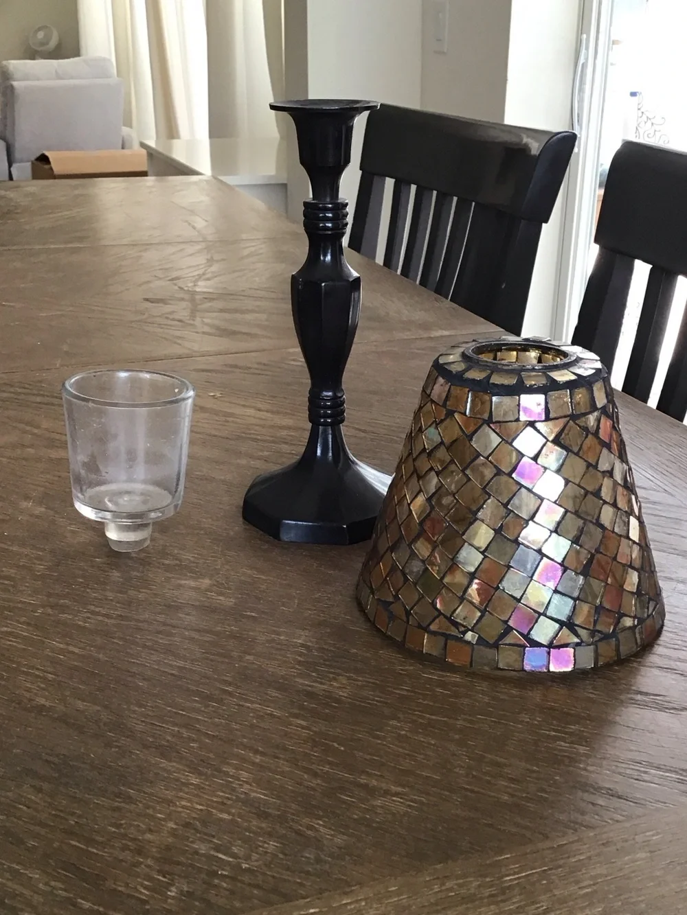 Mosaic tealight candle lamp featuring a stained glass shade.